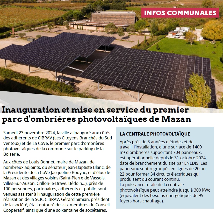 Annonce de l'inauguration des ombrières de la Boiserie par la Mairie de Mazan
