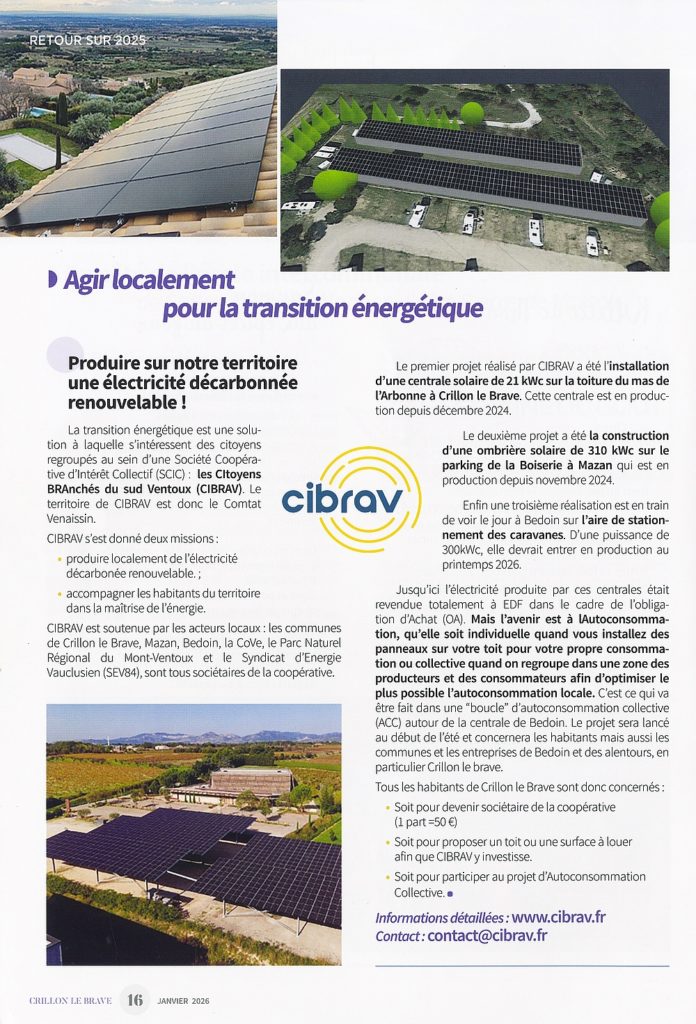 Article sur CIBRAV dans le bulletin municipal 2026 de Crillon-le-Brave